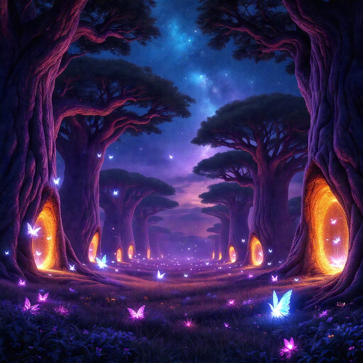 The primary subject of the image is a forest filled with trees and butterflies. The setting is a nighttime forest with a purple glow, creating a magical atmosphere. The visual style is a digital art or illustration, showcasing the beauty of the forest and the butterflies. The colors and mood are predominantly purple, creating a serene and enchanting scene.